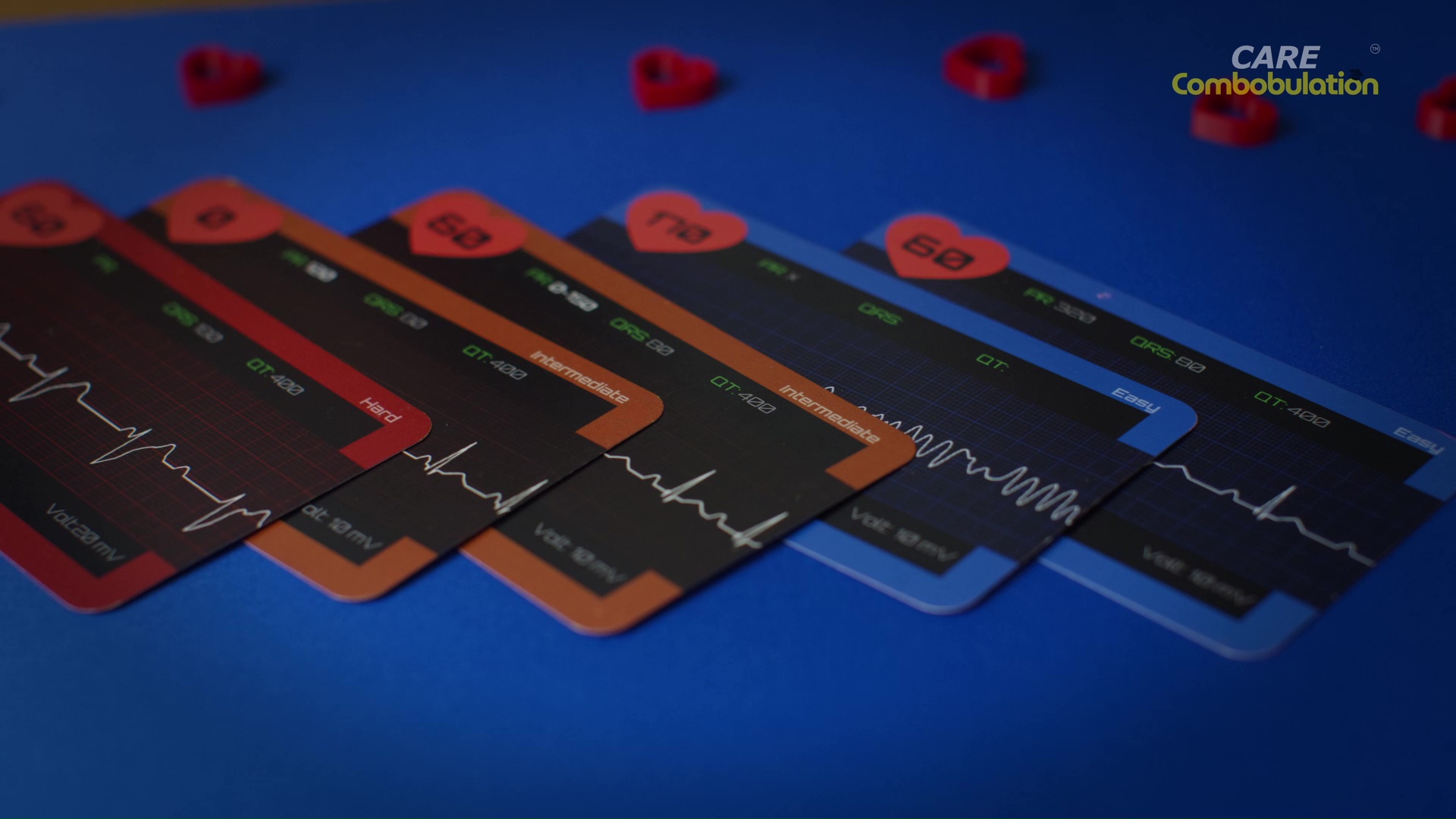 Easy, intermediate and hard ECG Race cards arranged across a blue mat